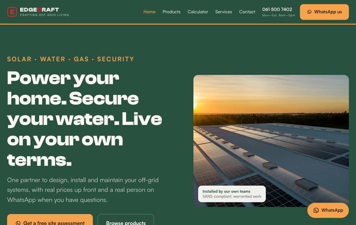 The EdgeCraft home page: off-grid solar, water and security systems